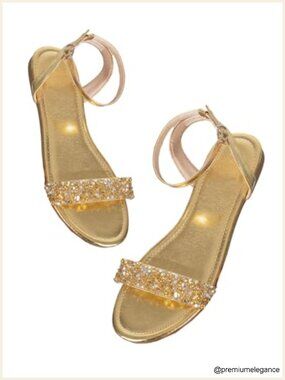 Metallic Sparkly Flat Sandals Ankle Strap Open Toe Dressy Wedding Shoes